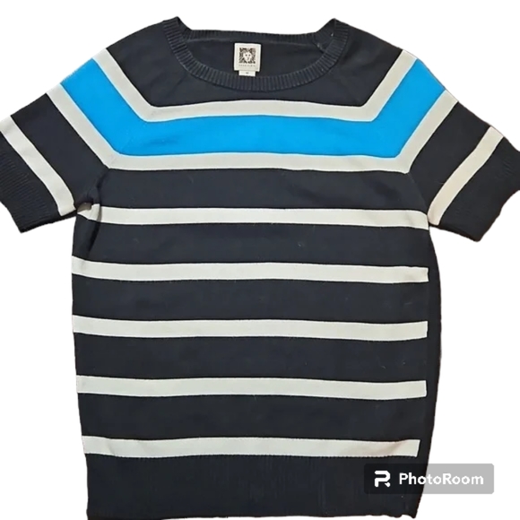 3/$45-Anne Klein Striped Knit Short Sleeve Shirt with Side Zip, Medium - Picture 2 of 13